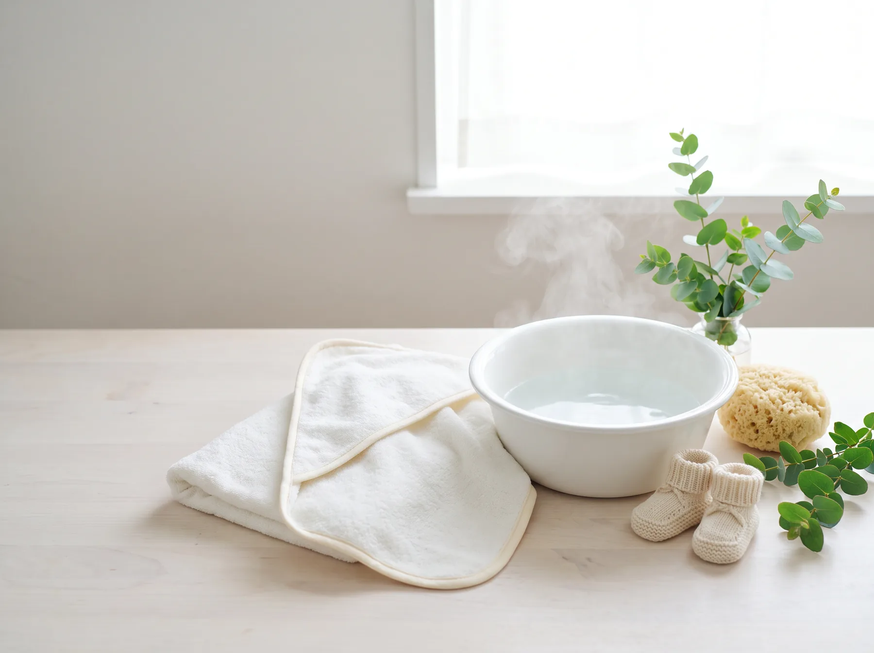 Chậu tắm, khăn và giày len của bé