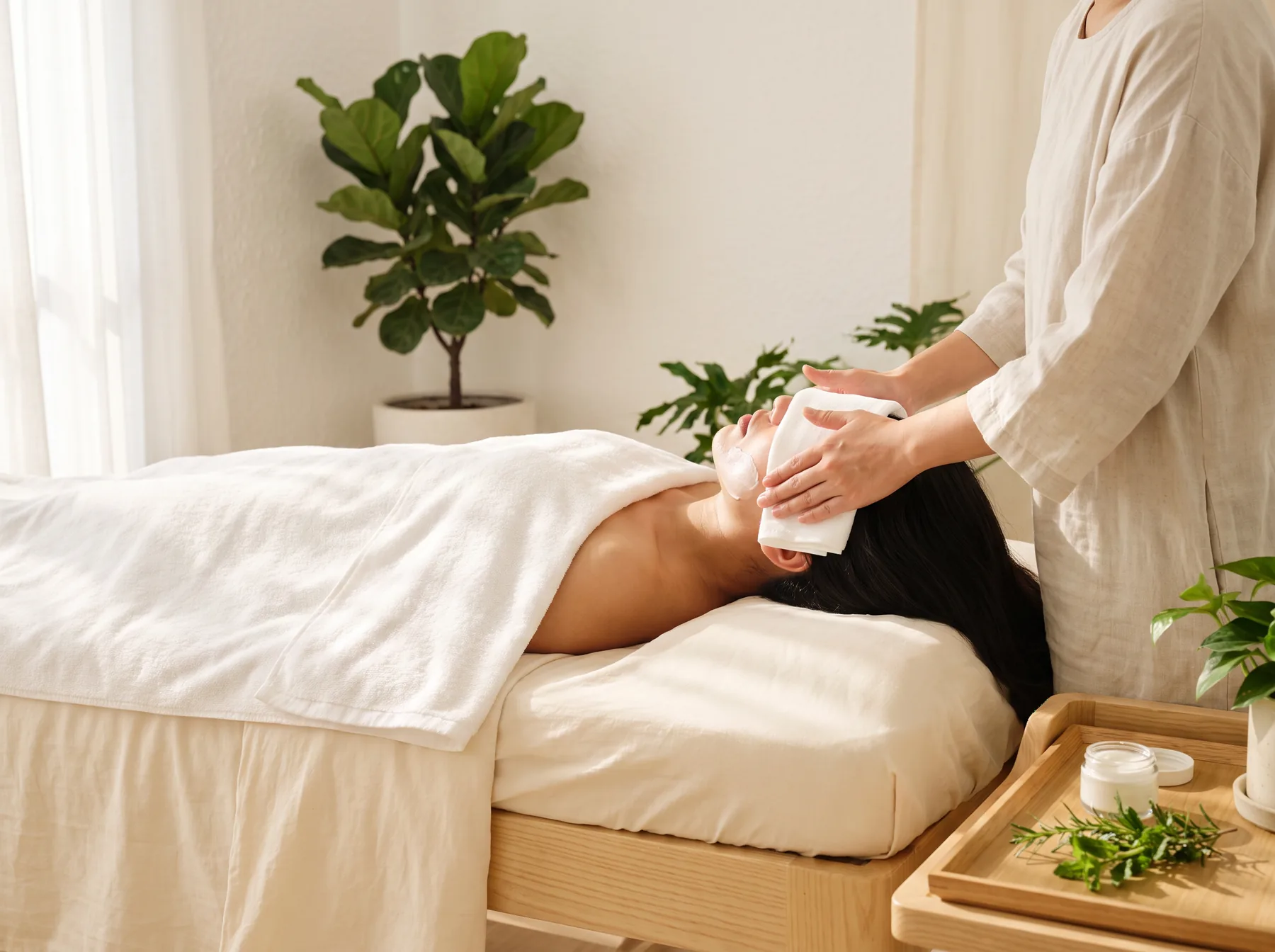 Mẹ được chăm sóc da mặt trên giường trị liệu