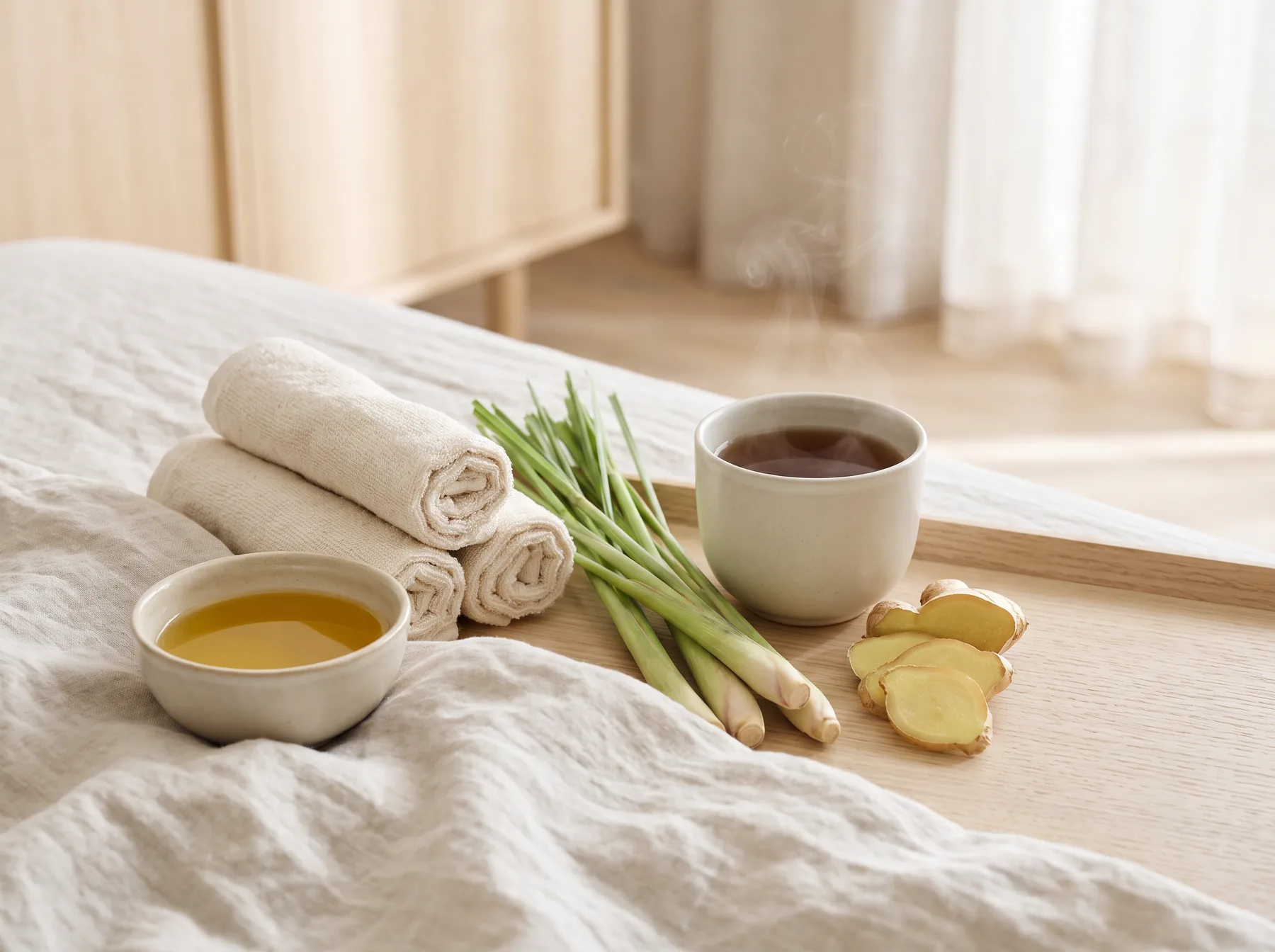Dầu massage, khăn ấm, gừng và sả