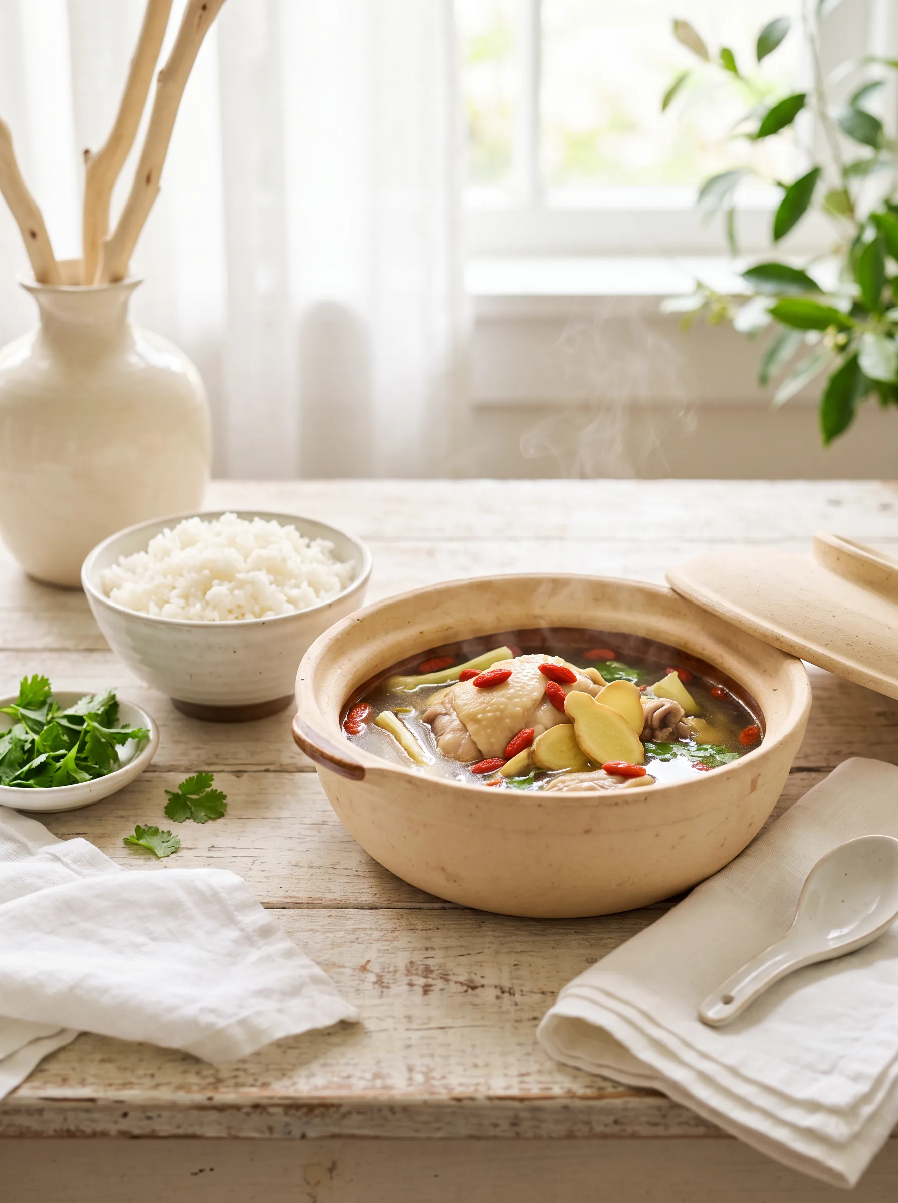Nồi canh gà hầm thảo mộc và bát cơm trắng