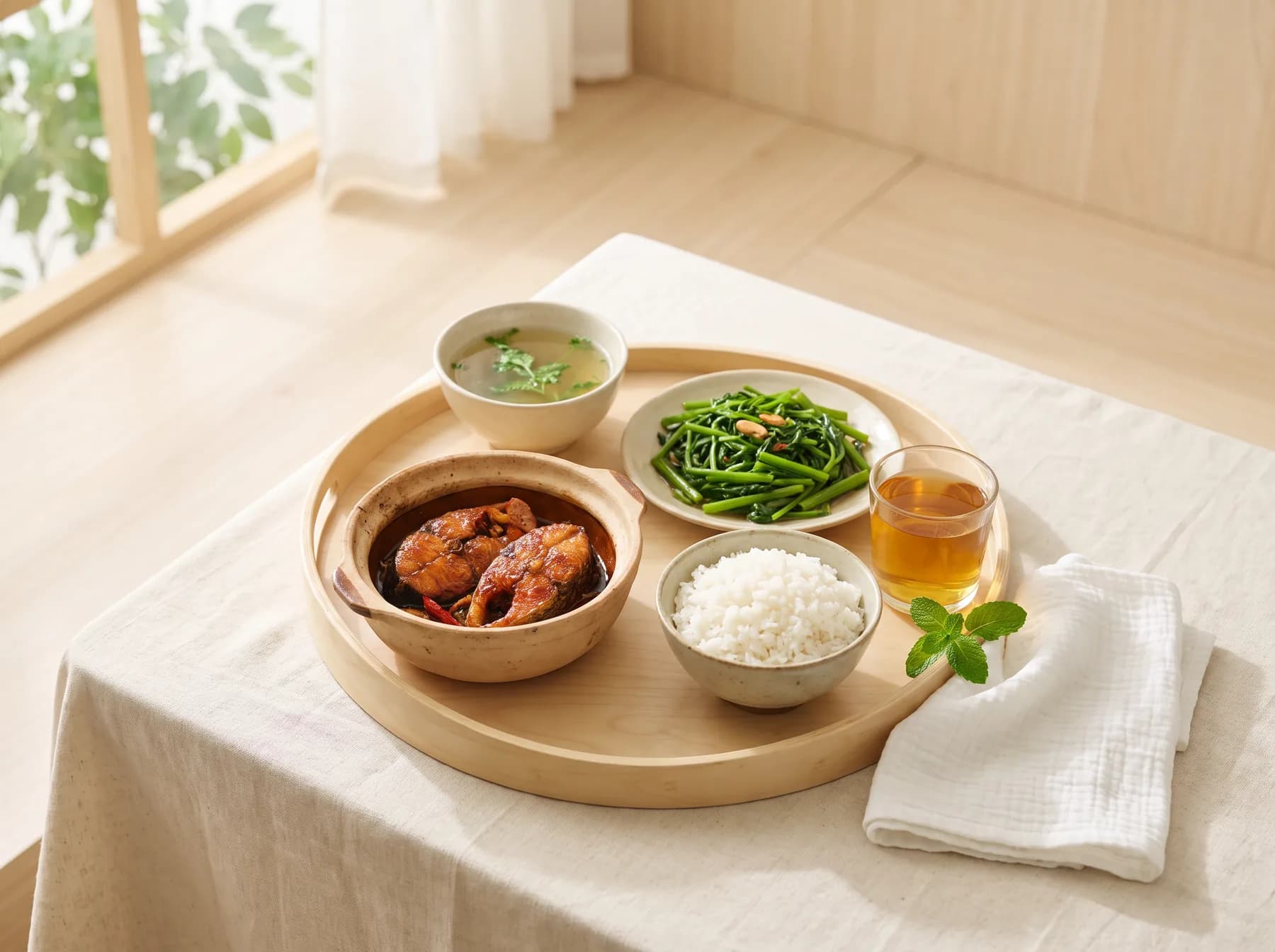 Mâm cơm cữ đủ món trên khay gỗ