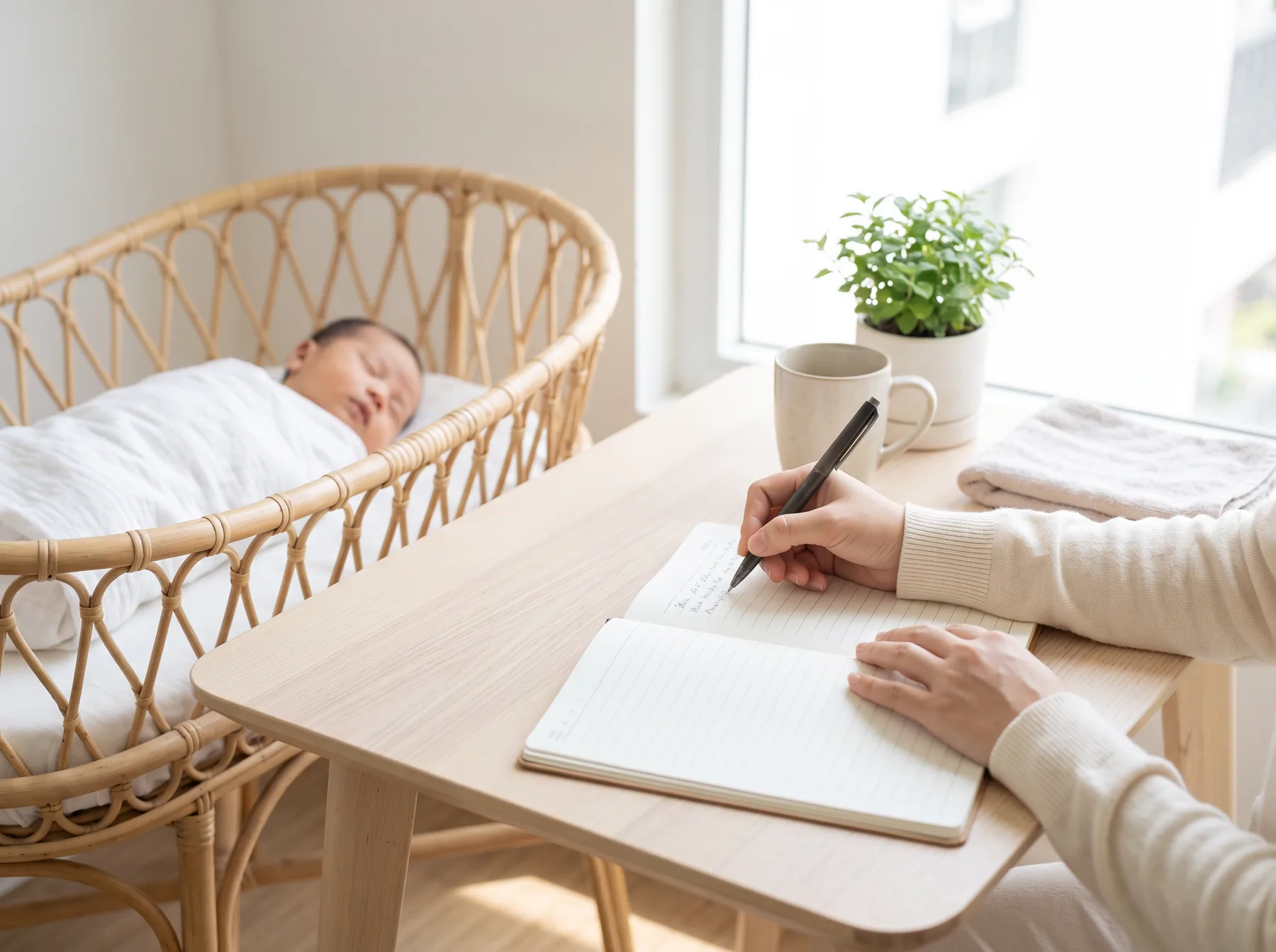 Điều dưỡng ghi hồ sơ theo dõi bên cạnh nôi của bé