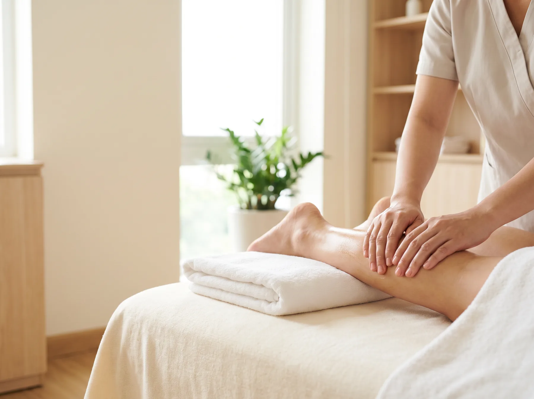 Kỹ thuật viên massage bắp chân cho mẹ sau sinh