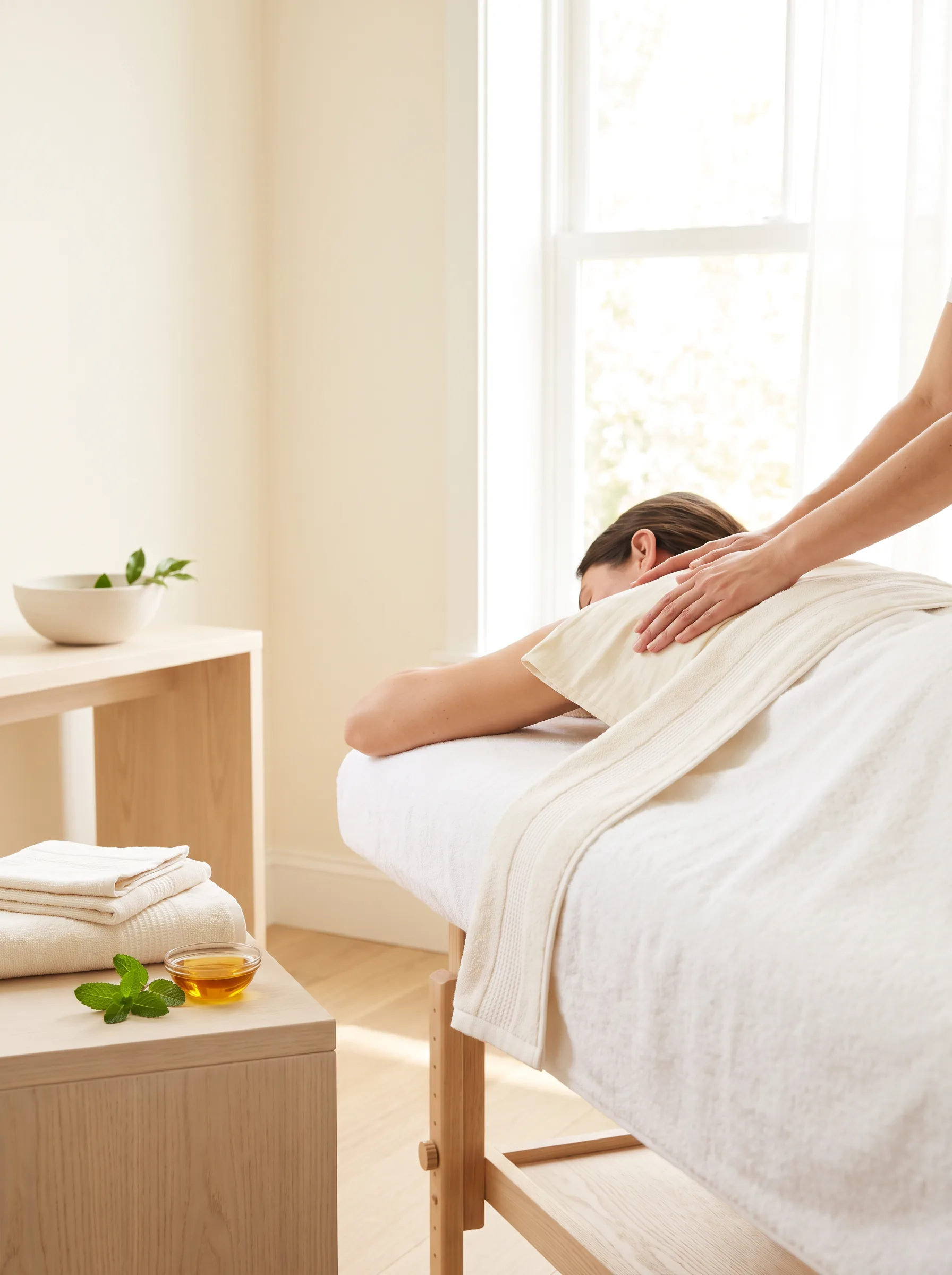 Kỹ thuật viên massage lưng vai cho mẹ trên giường trị liệu
