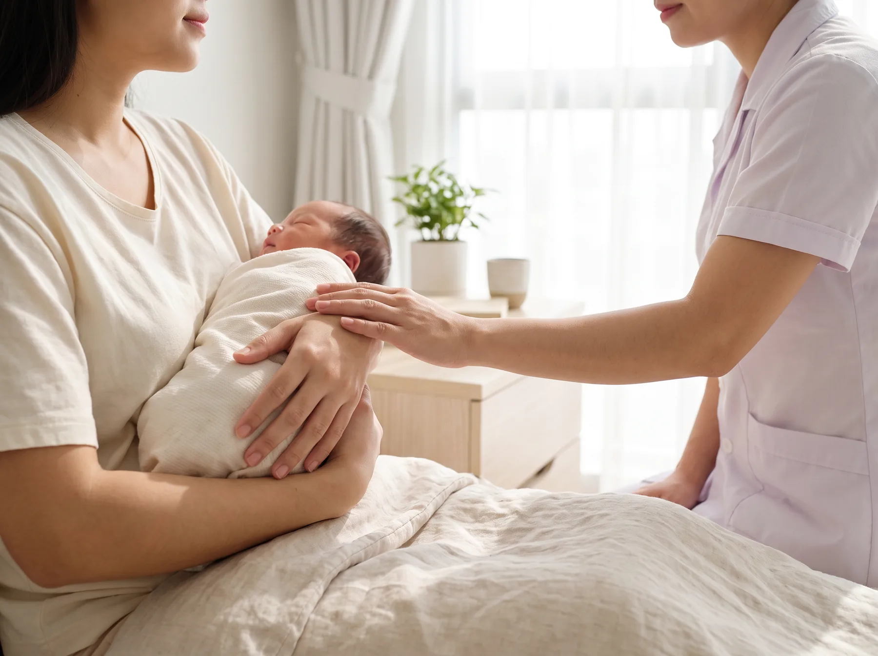 Mẹ tự bế bé, điều dưỡng đỡ tay chỉnh lại tư thế