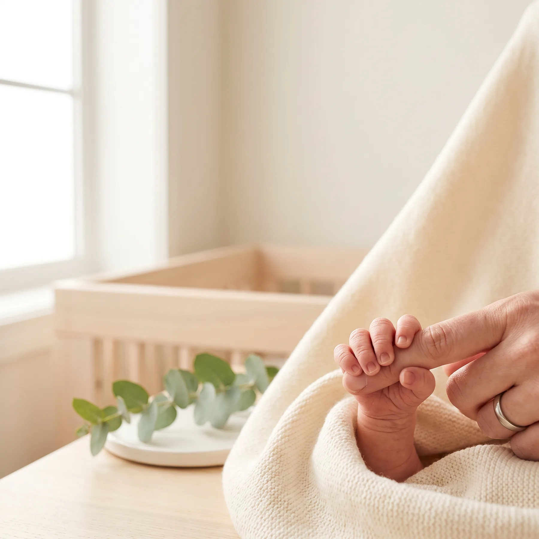 Bàn tay bé sơ sinh nắm lấy ngón tay người lớn